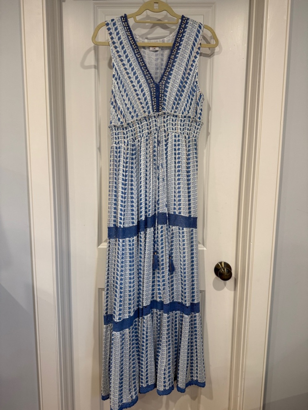 Sleeveless Blue & White V-Neck Maxi Dress with Embroidered Trim
